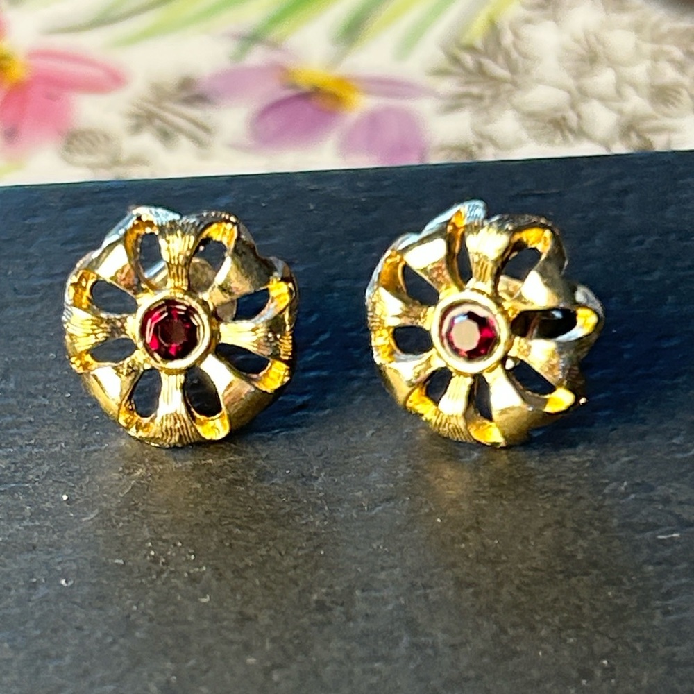 Vintage Avon Floral Stud Earrings, 1989 with Red Rhinestone Center